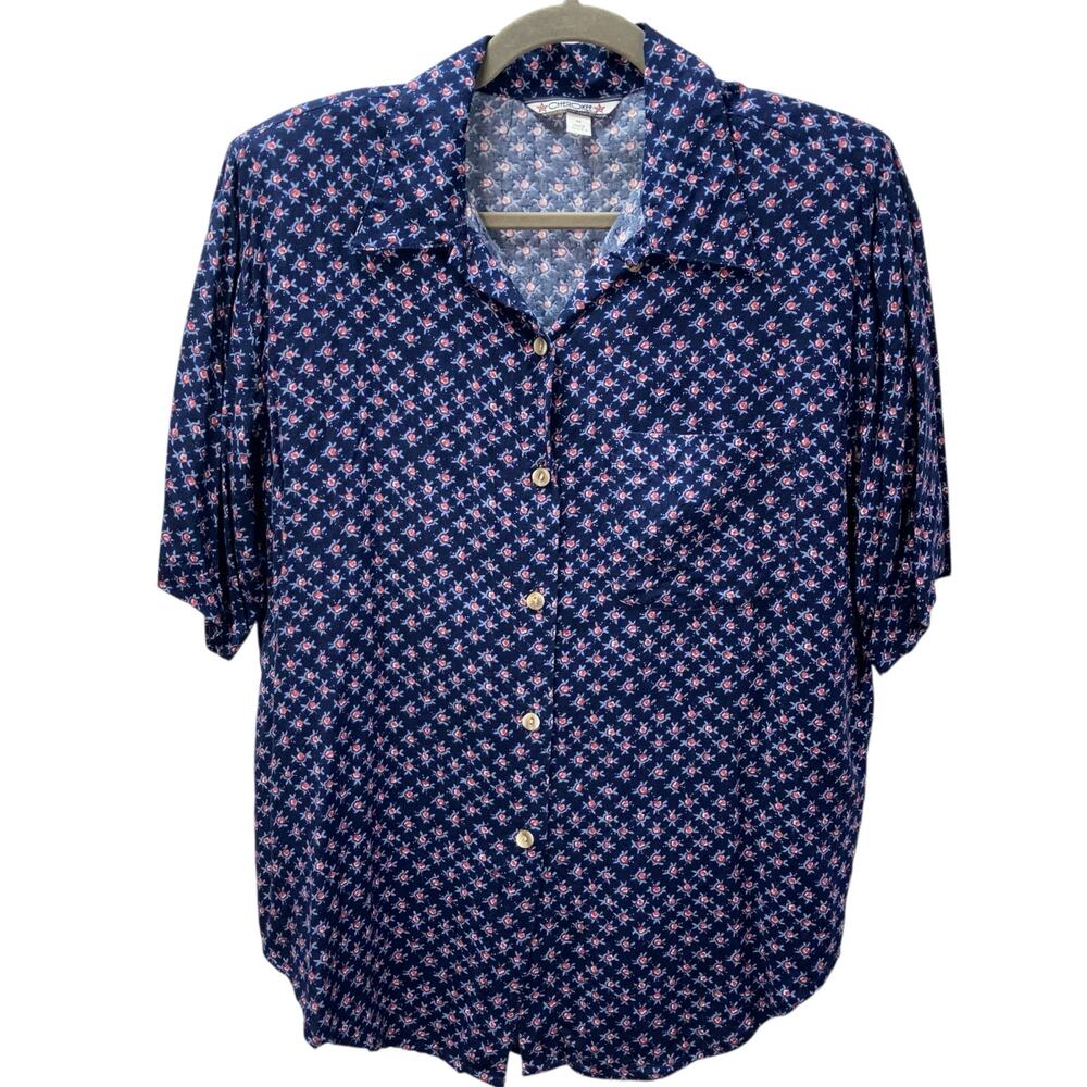 Vintage Y2K Cherokee Short Sleeve Floral Button Up Shirt Women M Rayon USA Navy